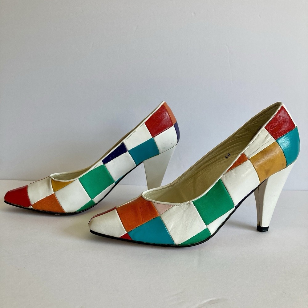 Vtg Jack Sprat Rainbow Harlequin Mod Patchwork Pumps Leather Size 6B Colorblock - Picture 8 of 16